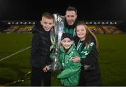 30 October 2022; Shamrock Rovers manager Stephen Bradley with his children, from left, Jaden, Josh and Ella and the SSE Airtricity League Premier Division trophy after the SSE Airtricity League Premier Division match between Shamrock Rovers and Derry City at Tallaght Stadium in Dublin. Photo by Stephen McCarthy/Sportsfile