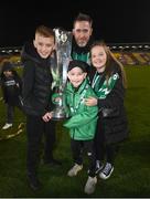 30 October 2022; Shamrock Rovers manager Stephen Bradley with his children, from left, Jaden, Josh and Ella and the SSE Airtricity League Premier Division trophy after the SSE Airtricity League Premier Division match between Shamrock Rovers and Derry City at Tallaght Stadium in Dublin. Photo by Stephen McCarthy/Sportsfile