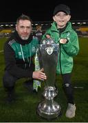 30 October 2022; Shamrock Rovers manager Stephen Bradley with his son Josh and the SSE Airtricity League Premier Division trophy after the SSE Airtricity League Premier Division match between Shamrock Rovers and Derry City at Tallaght Stadium in Dublin. Photo by Stephen McCarthy/Sportsfile