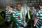 30 October 2022; Aidomo Emakhu of Shamrock Rovers with the SSE Airtricity League Premier Division trophy after the SSE Airtricity League Premier Division match between Shamrock Rovers and Derry City at Tallaght Stadium in Dublin. Photo by Stephen McCarthy/Sportsfile