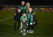 30 October 2022; Shamrock Rovers manager Stephen Bradley, his wife Emma, and their children, Jaden, Josh and Ella with the SSE Airtricity League Premier Division trophy after the SSE Airtricity League Premier Division match between Shamrock Rovers and Derry City at Tallaght Stadium in Dublin. Photo by Stephen McCarthy/Sportsfile