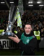 30 October 2022; Shamrock Rovers manager Stephen Bradley with the SSE Airtricity League Premier Division trophy after the SSE Airtricity League Premier Division match between Shamrock Rovers and Derry City at Tallaght Stadium in Dublin. Photo by Stephen McCarthy/Sportsfile