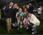 30 October 2022; Andy Lyons of Shamrock Rovers with family and the SSE Airtricity League Premier Division trophy after the SSE Airtricity League Premier Division match between Shamrock Rovers and Derry City at Tallaght Stadium in Dublin. Photo by Stephen McCarthy/Sportsfile