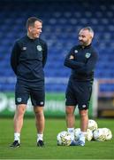 30 October 2022; Republic of Ireland coach Glenn Whelan, left, and kit and equipment manager Shane Elliott before the Victory Shield match between Republic of Ireland and Wales at the RSC in Waterford. Photo by Seb Daly/Sportsfile
