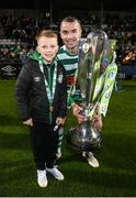 30 October 2022; Sean Kavanagh of Shamrock Rovers celebrates with the SSE Airtricity League Premier Division trophy after the SSE Airtricity League Premier Division match between Shamrock Rovers and Derry City at Tallaght Stadium in Dublin. Photo by Stephen McCarthy/Sportsfile
