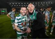 30 October 2022; Jack Byrne, left, and coach Glenn Cronin of Shamrock Rovers celebrate with the SSE Airtricity League Premier Division trophy after the SSE Airtricity League Premier Division match between Shamrock Rovers and Derry City at Tallaght Stadium in Dublin. Photo by Stephen McCarthy/Sportsfile