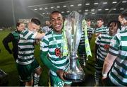 30 October 2022; Aidomo Emakhu of Shamrock Rovers celebrates with the SSE Airtricity League Premier Division trophy after the SSE Airtricity League Premier Division match between Shamrock Rovers and Derry City at Tallaght Stadium in Dublin. Photo by Stephen McCarthy/Sportsfile