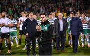 30 October 2022; Shamrock Rovers manager Stephen Bradley applauds the Shamrock Rovers supporters and his son Josh after the SSE Airtricity League Premier Division match between Shamrock Rovers and Derry City at Tallaght Stadium in Dublin. Photo by Stephen McCarthy/Sportsfile