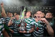 30 October 2022; Shamrock Rovers captain Ronan Finn and team-mates celebrate with the SSE Airtricity League Premier Division trophy after the SSE Airtricity League Premier Division match between Shamrock Rovers and Derry City at Tallaght Stadium in Dublin. Photo by Stephen McCarthy/Sportsfile