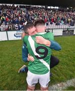 30 October 2022; Moycullen manager Don Connellan celebrates with Tom Clarke after the Galway County Senior Club Football Championship Final match between Salthill Knocknacarra and Moycullen at Pearse Stadium in Galway. Photo by Ray Ryan/Sportsfile