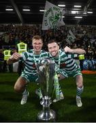 30 October 2022; Dan Cleary, left, and Jack Byrne of Shamrock Rovers celebrate with the SSE Airtricity League Premier Division trophy after the SSE Airtricity League Premier Division match between Shamrock Rovers and Derry City at Tallaght Stadium in Dublin. Photo by Stephen McCarthy/Sportsfile