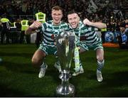 30 October 2022; Dan Cleary, left, and Jack Byrne of Shamrock Rovers celebrate with the SSE Airtricity League Premier Division trophy after the SSE Airtricity League Premier Division match between Shamrock Rovers and Derry City at Tallaght Stadium in Dublin. Photo by Stephen McCarthy/Sportsfile