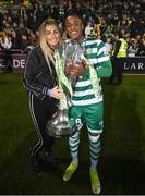 30 October 2022; Aidomo Emakhu of Shamrock Rovers celebrates with the SSE Airtricity League Premier Division trophy after the SSE Airtricity League Premier Division match between Shamrock Rovers and Derry City at Tallaght Stadium in Dublin. Photo by Stephen McCarthy/Sportsfile