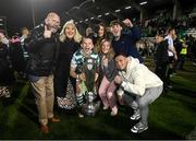 30 October 2022; Andy Lyons of Shamrock Rovers and family celebrate with the SSE Airtricity League Premier Division trophy after the SSE Airtricity League Premier Division match between Shamrock Rovers and Derry City at Tallaght Stadium in Dublin. Photo by Stephen McCarthy/Sportsfile
