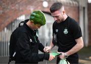 30 October 2022; Jack Byrne of Shamrock Rovers signs an autograph on his arrival for the SSE Airtricity League Premier Division match between Shamrock Rovers and Derry City at Tallaght Stadium in Dublin. Photo by Stephen McCarthy/Sportsfile