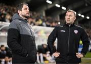 30 October 2022; Derry City manager Ruaidhrí Higgins and assistant Alan Reynolds, right, before the SSE Airtricity League Premier Division match between Shamrock Rovers and Derry City at Tallaght Stadium in Dublin. Photo by Stephen McCarthy/Sportsfile