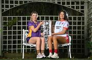 1 November 2022; Kilmacud Crokes captain Emer Sweeney, left, and Tinahely captain Aoife Gorman, sit for a portrait during the 2022 Leinster LGFA Club Championship Finals launch at The Clanard Court Hotel in Athy, Kildare. The TG4 2022 Leinster LGFA Senior Club Championship Final takes place on Sunday November 6th at 1pm, at Bray Emmets GAA Club in Bray, Wicklow. Photo by Seb Daly/Sportsfile