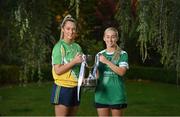 1 November 2022; Muckalee captain Edel Coonan, left, and O'Dwyers captain Aoife Curran, stand for a portrait during the 2022 Leinster LGFA Club Championship Finals launch at The Clanard Court Hotel in Athy, Kildare. The TG4 2022 Leinster LGFA Junior Club Championship Final takes place on Saturday November 12th, with the venue yet to be confirmed. Photo by Seb Daly/Sportsfile