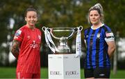 1 November 2022; Shelbourne captain Pearl Slattery, left, and Athlone Town captain Laurie Ryan in attendance during the EVOKE.ie FAI Women's Cup Semi-Finals media event at the FAI Headquarters in Dublin. Photo by David Fitzgerald/Sportsfile