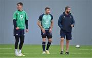 1 November 2022; Head coach Andy Farrell, right with Peter O’Mahony and Jonathan Sexton during Ireland rugby squad training at IRFU High Performance Centre at the Sport Ireland Campus in Dublin. Photo by Brendan Moran/Sportsfile
