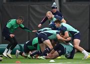 1 November 2022; Ireland players, from left, Jonathan Sexton, Jeremy Loughman and Dan Sheehan with forwards coach Paul O'Connell during squad training at IRFU High Performance Centre at the Sport Ireland Campus in Dublin. Photo by Brendan Moran/Sportsfile
