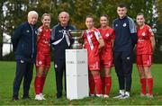1 November 2022; Shelbourne management, from left, Joey Malone, Noel King and Ciaran King, with players, from left, Jessie Stapleton, Pearl Slattery, Rachel Graham and Abbie Larkin in attendance during the EVOKE.ie FAI Women's Cup Semi-Finals media event at the FAI Headquarters in Dublin. Photo by David Fitzgerald/Sportsfile