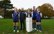 1 November 2022; Athlone Town manager Tommy Hewitt with players, from left, Muireann Devaney, Maddison Gibson, Jessica Hennessy and Laurie Ryan in attendance during the EVOKE.ie FAI Women's Cup Semi-Finals media event at the FAI Headquarters in Dublin. Photo by David Fitzgerald/Sportsfile