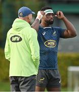 1 November 2022; Captain Siya Kolisi, right, with head coach Jacques Nienaber during South Africa rugby squad training at UCD in Dublin. Photo by Brendan Moran/Sportsfile