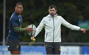 1 November 2022; South Africa assistant coach Felix Jones and Manie Libbok during South Africa rugby squad training at UCD in Dublin. Photo by Brendan Moran/Sportsfile