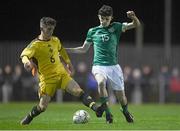 1 November 2022; Luke Mulligan of Republic of Ireland in action against Blaine McClure of Northern Ireland during the Victory Shield match between Republic of Ireland and Northern Ireland at Tramore AFC in Tramore, Waterford. Photo by Matt Browne/Sportsfile