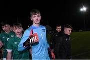 1 November 2022; Republic of Ireland goalkeeper Marcus Gill after his 3 penalty saves during the Victory Shield match between Republic of Ireland and Northern Ireland at Tramore AFC in Tramore, Waterford. Photo by Matt Browne/Sportsfile