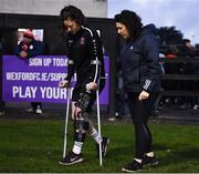 29 October 2022; Injured Wexford Youth's player Della Doerty at half time during the SSE Airtricity Women's National League match between Wexford Youths and Shelbourne at Ferrycarrig Park in Wexford. Photo by Eóin Noonan/Sportsfile