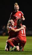 29 October 2022; Megan Smyth-Lynch of Shelbourne celebrates with teammate Jessie Stapleton after scoring their side's third goal during the SSE Airtricity Women's National League match between Wexford Youths and Shelbourne at Ferrycarrig Park in Wexford. Photo by Eóin Noonan/Sportsfile