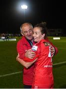 29 October 2022; Shelbourne manger Noel King celebrates with team captain Pearl Slattery during the SSE Airtricity Women's National League match between Wexford Youths and Shelbourne at Ferrycarrig Park in Wexford. Photo by Eóin Noonan/Sportsfile