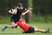 2 November 2022; Darragh Culligan of North Midlands is tackled by Thomas Heeds of North East  during the Shane Horgan Cup round two match between North East and North Midlands at Longford RFC in Longford. Photo by Matt Browne/Sportsfile