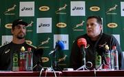 2 November 2022; Eben Etzebeth, left, and director of rugby Rassie Erasmus during a South Africa rugby media conference at The Radisson Blu St Helens Hotel in Dublin. Photo by Brendan Moran/Sportsfile