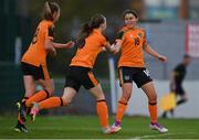 3 November 2022; Hannah O'Brien of Republic of Ireland, right, celebrates with teammates after scoring their side's first goal during the Women's U16 International Friendly match between Republic of Ireland and Switzerland at Whitehall Stadium in Dublin. Photo by Seb Daly/Sportsfile