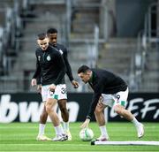 3 November 2022; Simon Power, Aidomo Emakhu and Aaron Greene of Shamrock Rovers before the UEFA Europa Conference League Group F match between Djurgården and Shamrock Rovers at Tele2 Arena in Stockholm, Sweden. Photo by Jesper Zerman/Sportsfile