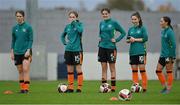 3 November 2022; Republic of Ireland players, from left, Clodagh Daly, Sarah McCaffrey, Chloe Wallace, Emma Duffy and Amy Tierney before the Women's U16 International Friendly match between Republic of Ireland and Switzerland at Whitehall Stadium in Dublin. Photo by Seb Daly/Sportsfile