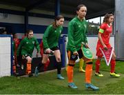 3 November 2022; Republic of Ireland captain Amy Tierney leads her side out before the Women's U16 International Friendly match between Republic of Ireland and Switzerland at Whitehall Stadium in Dublin. Photo by Seb Daly/Sportsfile