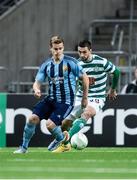 3 November 2022; Hampus Finndell of Djurgården and Neil Farrugia of Shamrock Rovers in action during the UEFA Europa Conference League Group F match between Djurgården and Shamrock Rovers at Tele2 Arena in Stockholm, Sweden. Photo by Jesper Zerman/Sportsfile
