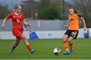 3 November 2022; Lauryn McCabe of Republic of Ireland in action against Sheila Herger of Switzerland during the Women's U16 International Friendly match between Republic of Ireland and Switzerland at Whitehall Stadium in Dublin. Photo by Seb Daly/Sportsfile