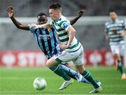 3 November 2022; Andrew Lyons of Shamrock Rovers and Joel Asoro of Djurgården in action during the UEFA Europa Conference League Group F match between Djurgården and Shamrock Rovers at Tele2 Arena in Stockholm, Sweden. Photo by Jesper Zerman/Sportsfile