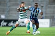 3 November 2022; Lee Grace of Shamrock Rovers and Joel Asoro of Djurgården in action during the UEFA Europa Conference League Group F match between Djurgården and Shamrock Rovers at Tele2 Arena in Stockholm, Sweden. Photo by Jesper Zerman/Sportsfile