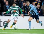 3 November 2022; Neil Farrugia of Shamrock Rovers and Elias Andersson of Djurgården in action during the UEFA Europa Conference League Group F match between Djurgården and Shamrock Rovers at Tele2 Arena in Stockholm, Sweden. Photo by Jesper Zerman/Sportsfile