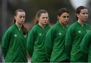 3 November 2022; Republic of Ireland players, from right, Rebecca Devereux, Hannah O'Brien, Aoibhe Brennan and Kayla Maguire before the Women's U16 International Friendly match between Republic of Ireland and Switzerland at Whitehall Stadium in Dublin. Photo by Seb Daly/Sportsfile