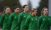 3 November 2022; Republic of Ireland players, from right, Sorcha Melia, Lucy O'Rourke, Rebecca Devereux, Hannah O'Brien and Aoibhe Brennan before the Women's U16 International Friendly match between Republic of Ireland and Switzerland at Whitehall Stadium in Dublin. Photo by Seb Daly/Sportsfile