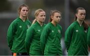 3 November 2022; Republic of Ireland players, from right, Kayla Maguire, Lauryn McCabe, Ciara Fitzpatrick and Finley Newell before the Women's U16 International Friendly match between Republic of Ireland and Switzerland at Whitehall Stadium in Dublin. Photo by Seb Daly/Sportsfile