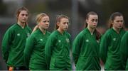 3 November 2022; Republic of Ireland players, from right, Aoibhe Brennan, Kayla Maguire, Lauryn McCabe, Ciara Fitzpatrick and Finley Newell before the Women's U16 International Friendly match between Republic of Ireland and Switzerland at Whitehall Stadium in Dublin. Photo by Seb Daly/Sportsfile