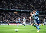 3 November 2022; Sean Hoare of Shamrock Rovers and Gustav Wikheim of Djurgården in action during the UEFA Europa Conference League Group F match between Djurgården and Shamrock Rovers at Tele2 Arena in Stockholm, Sweden. Photo by Jesper Zerman/Sportsfile